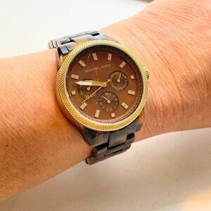 Michael Kors Ritz Simulated Tortoise Goldtone Case Sub Dials Women Watch MK5038